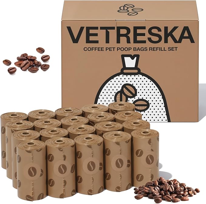 VETRESKA Dog Poop Bags, Coffee Scented Waste Bags, Leak Proof, Extra Thick and Large Dog Pet Bags for Dogs and Cats - 300 Count (20 Refill Rolls)