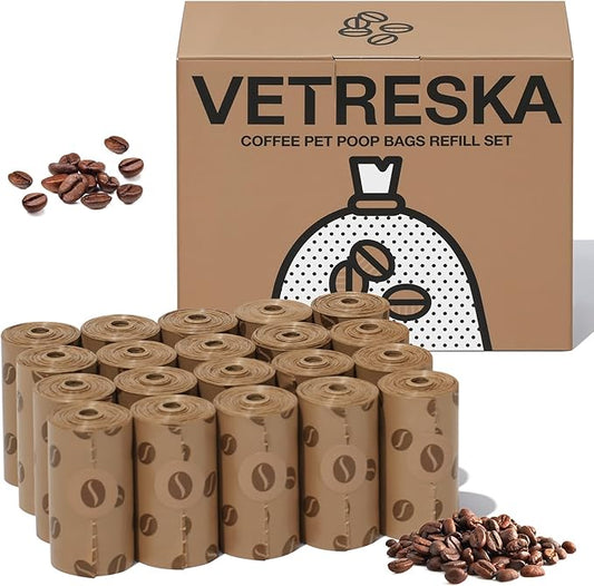 VETRESKA Dog Poop Bags, Coffee Scented Waste Bags, Leak Proof, Extra Thick and Large Dog Pet Bags for Dogs and Cats - 300 Count (20 Refill Rolls)