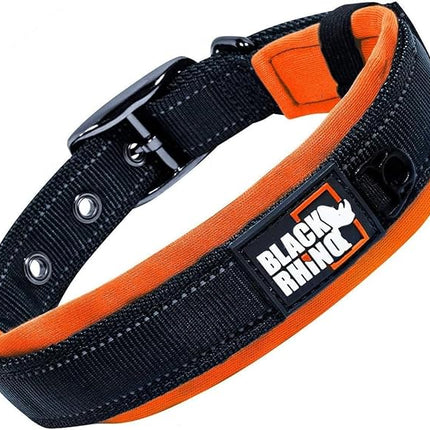 Black Rhino Dog Collar for Large Dogs - Adjustable Reflective Heavy Duty Dog Collars with Ultra-Soft Neoprene Padding - Weatherproof, Durable, and Comfortable for Active Dogs - Orange and Black