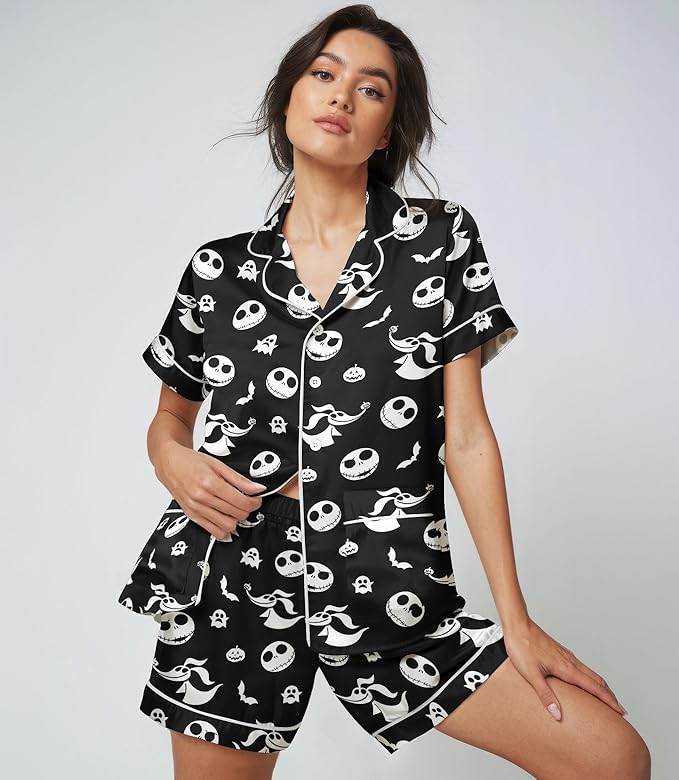 Women’s Silk Satin Pajama Set, Short Sleeve Button Down 2 Piece PJs with Shorts, Cozy Loungewear & Matching Holiday Pajamas