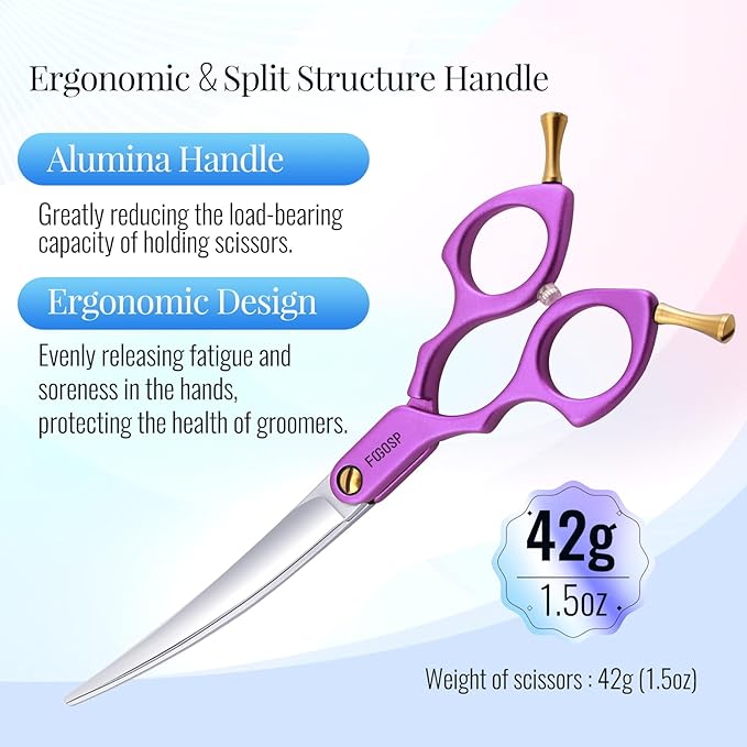 Professional Left Handed Curved Dog Grooming Scissors with Sharper Self Grinding lightweight and finely trimmed split structure 6.5'' Japan VG10 63HRC for small dogs cat pet(Purple)
