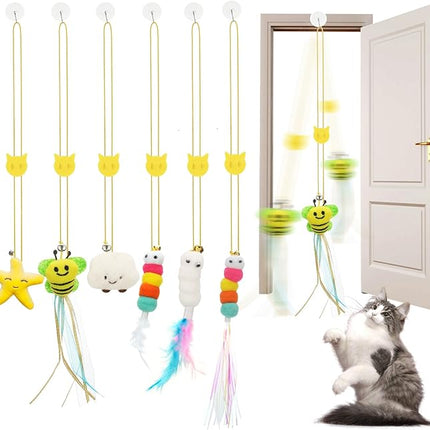 6 PCS Interactive Cat Feather Toys, Indoor Hanging Retractable Cat Toy, Self Play Toys Make Fun Excecise