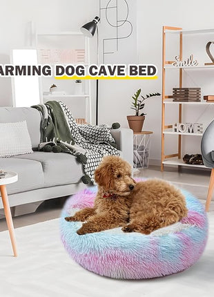 Cat Bed for Indoor Cats, Calming Cozy Cave with Self-Warming Plush, Entire Bed Machine Washable & Anti-Slip Base, Breathable Pet Bed for Small Cats&Dogs All Seasons (Dazzling Colors, 24 * 24inch)