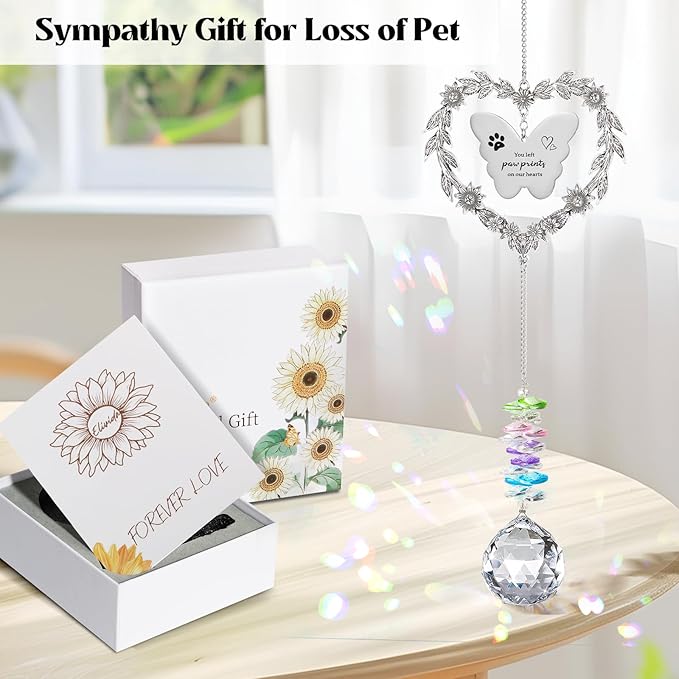 Dog Memorial Gifts for Loss of Dog, Pet Sympathy Suncatcher with Personalized Words, Cat Death Remembrance Gift for Pet Lovers, Heart Shaped Cat Bereavement Ornament with Sympathy Card
