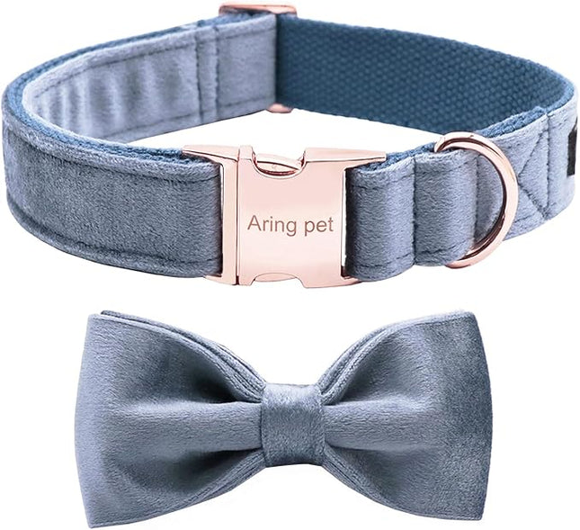 ARING PET Bowtie Dog Collar,Velvet Dog Collars with Detachable Bowtie, Cute &Comfortable Dog Collar, Blue Medium.
