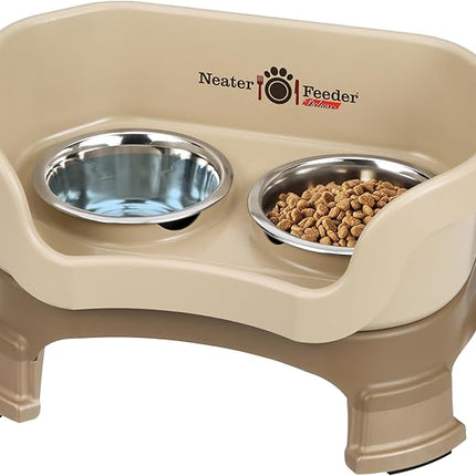 Neater Feeder Deluxe Mess Proof Cat Bowls Elevated for All Breeds – Made in USA – No Spill Raised Cat Bowls for Indoor Cats w/Leg Extensions – Stainless Steel Cat Food and Water Bowl Set - Beige