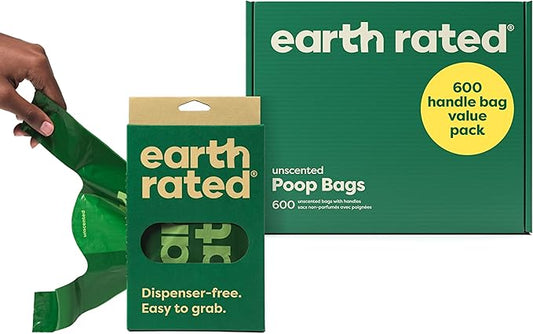 Earth Rated Dog Poop Bags with Handles Value Pack, Easy Tie and Guaranteed Leakproof, Unscented, 600 Handle Bags