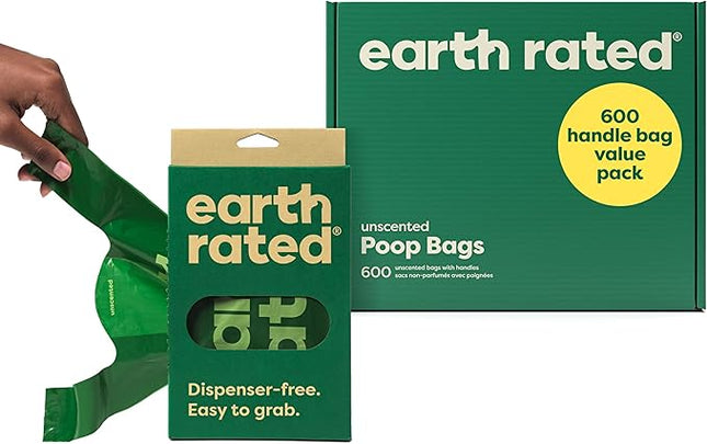 Earth Rated Dog Poop Bags with Handles Value Pack, Easy Tie and Guaranteed Leakproof, Unscented, 600 Handle Bags