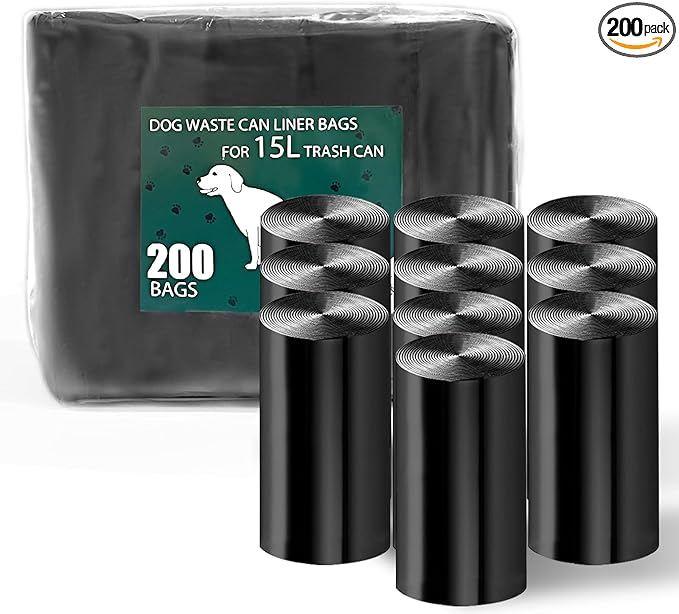 200 Black Unscented Thick Dog Waste Bags for 15L and 20L Dog Poop Trash Can, 10 Pack Rolls for Outdoor, Garage, Yard or Other Locations