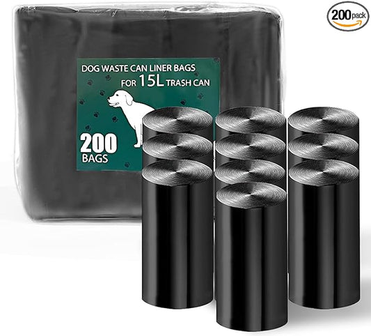 200 Black Unscented Thick Dog Waste Bags for 15L and 20L Dog Poop Trash Can, 10 Pack Rolls for Outdoor, Garage, Yard or Other Locations