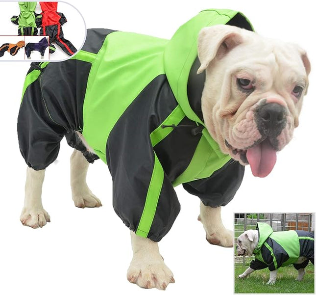 Lovelonglong American Bully Pitbull Dog Hooded Raincoat, Bulldog Rain Jacket Poncho Waterproof Clothes with Hood Breathable 4 Feet Four Legs Rain Coats for Pugs English French Bulldog Green B-M