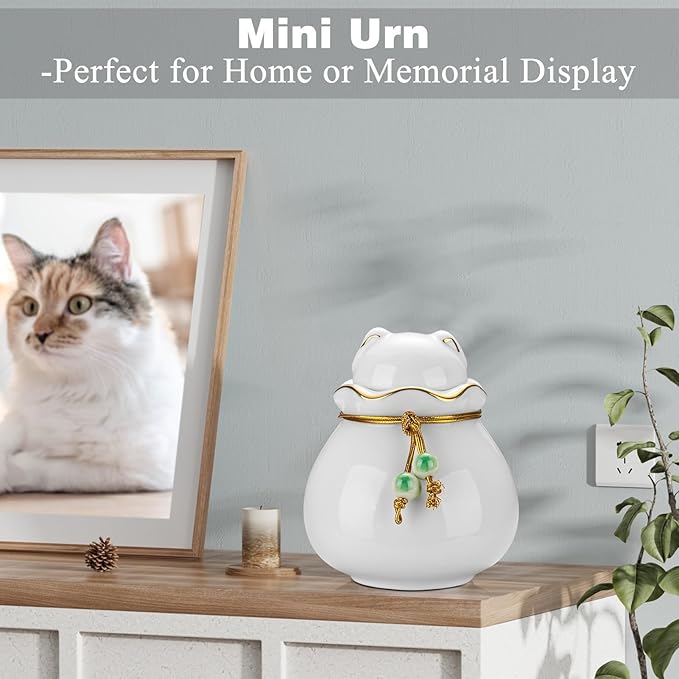 SOITIS Engraving Customized Pet Memorial Urn for Cat or Dog Ashes - 3.54"x3.15" Elegant Ceramic Keepsake Holder with Cat-Shaped Lid & Gold Trim, Small White Urn for Pet Ashes