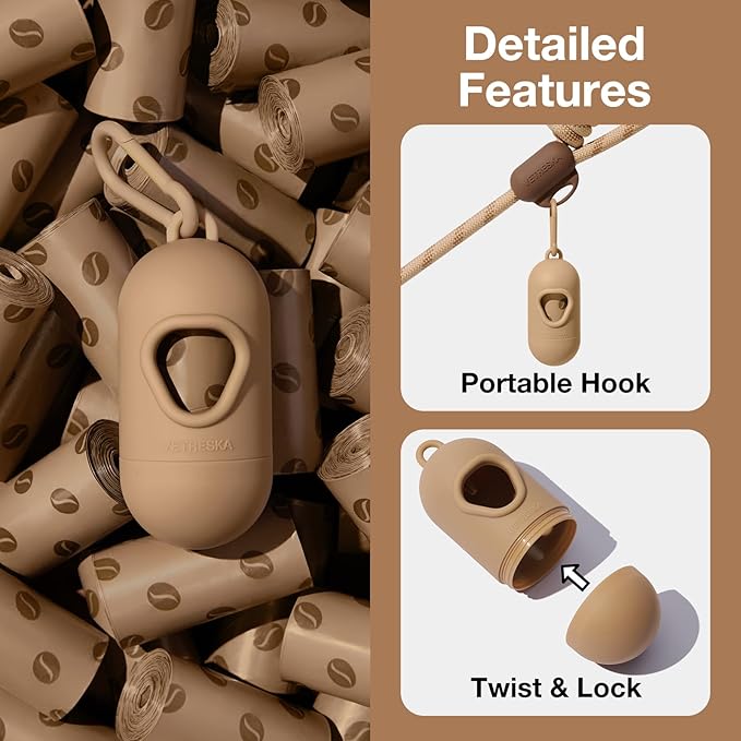 VETRESKA Dog Poop Bags Dispenser with Coffee Scented Waste Bags, Leak Proof, Extra Thick & Strong, 1 Holder and 105 Count Pet Poop Bags (7 Refill Rolls) for Dogs and Cats