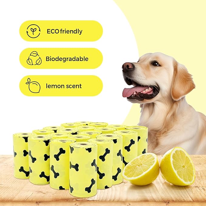 Dog Poop Bag Rolls - 300 Bags - Lemon Scented Compostable Puppy Poop Bags - Corn Starch Blend - Biodegradable & Leak Proof Extra Thick Dog Waste Bags - Poop Bags for Dogs Pet Supplies