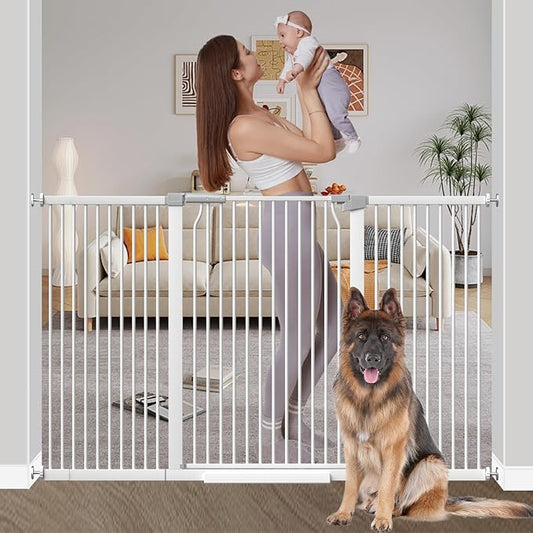 40.55" Extra Tall Baby Gate for Stairs-60.3"-65.7" Wide 1.37" Ultra Narrow Spacing Extra Wide Pet Cat Gate Dog Gate-Auto-Close Pressure Mounted Dog Door for Pets and Kids,White