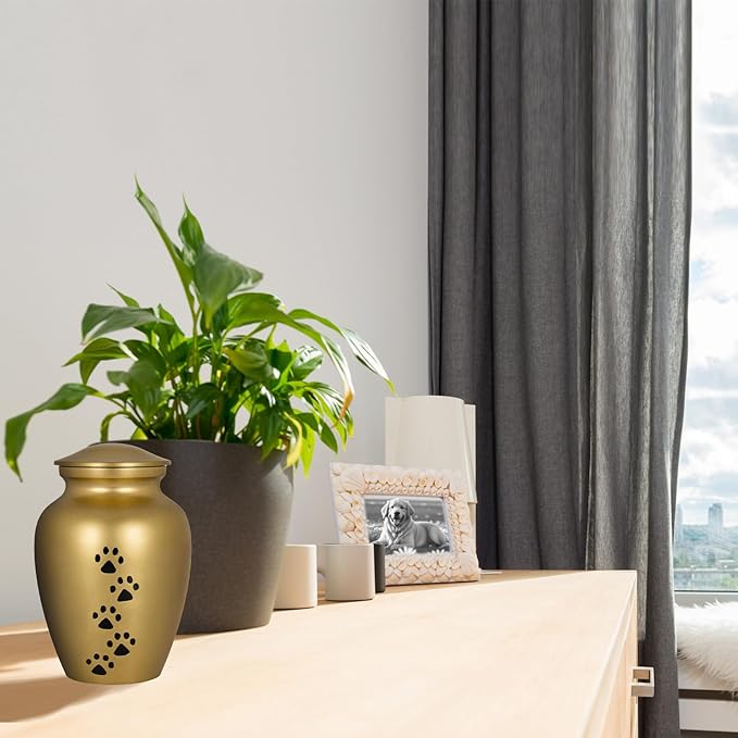 Trupoint Memorials Small Pet Urn for Dogs and Cats Ashes, Paws Print Gold Cremation Urns for Pets up to 17 lbs