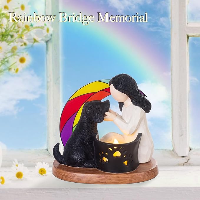 Dog Memorial Gifts with Rainbow Bridge,Hand-Sculpted Resin Pet Loss Sympathy Gift with LED Candle Holder, Home Decor for Pet Owners