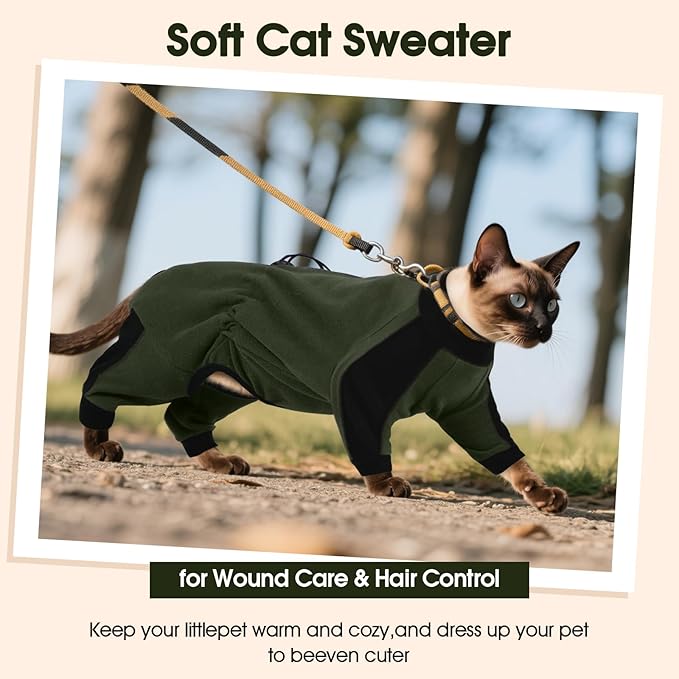 DENTRUN Cat Clothes with Anti-Shedding Fabric - Soft Recovery Suit & Breathable Lint-Resistant Cat Sweater for Wound Care & Hair Control, Kitten Onesie Pajamas, L, Army Green