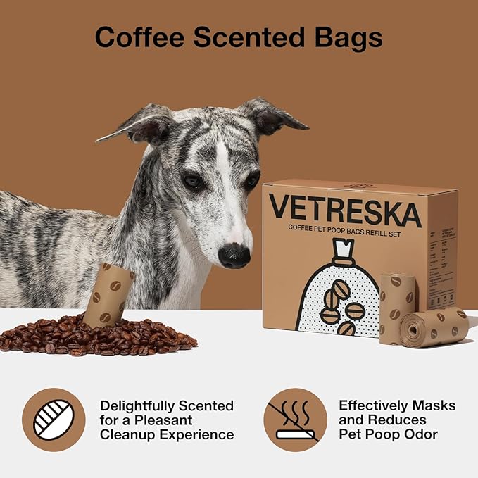 VETRESKA Dog Poop Bags, Coffee Scented Waste Bags, Leak Proof, Extra Thick and Large Dog Pet Bags for Dogs and Cats - 300 Count (20 Refill Rolls)