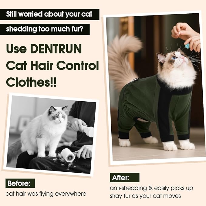 DENTRUN Cat Clothes with Anti-Shedding Fabric - Soft Recovery Suit & Breathable Lint-Resistant Cat Sweater for Wound Care & Hair Control, Kitten Onesie Pajamas, XXL, Army Green