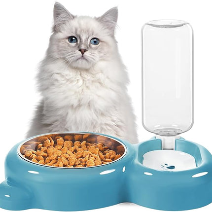 Dog Bowls, Cat Food and Water Bowl Set with Water Dispenser and Stainless Steel Bowl for Cats and Small Dogs - Blue