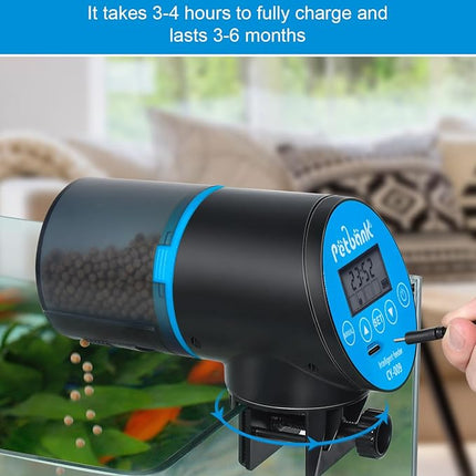 Automatic Fish Feeder for Aquarium - Rechargeable Fish Food Auto Dispenser Vacation Turtle Feeder with USB Charger Cable，LCD Screen, Customized Schedule (Blue)