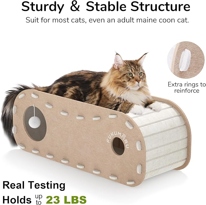 FUKUMARU Cat Beds for Indoor Pets, 31.5 Inches Extra-Large Cat Cave for Multi-Pet, Cozy House with Fluffy Ball Hanging, Scratch Resistant Felt Kitten Hideaway Bed, Feline Tunnel, Beige