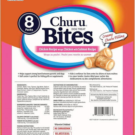 INABA Churu Bites for Dogs, Soft & Chewy Dog Treats with Vitamin E, 0.42 Ounces Each Tube, 64 Tubes Total (8 Tubes per Pack), Chicken with Salmon Recipe