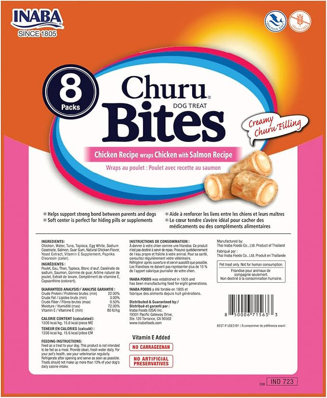 INABA Churu Bites for Dogs, Soft & Chewy Dog Treats with Vitamin E, 0.42 Ounces Each Tube, 64 Tubes Total (8 Tubes per Pack), Chicken with Salmon Recipe