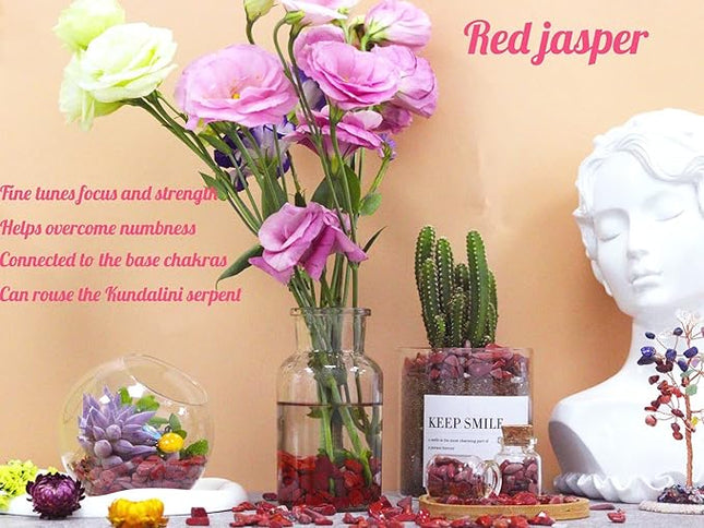 Red Jasper Aquarium Gravel Rocks Natural Tumbled Healing Crystal Chips Bulk Gemstones Tumbled Crushed Stones for Fountain Vase Filler Planters Decorative Fish Tank Potted Reiki Energy Balancing 0.44lb