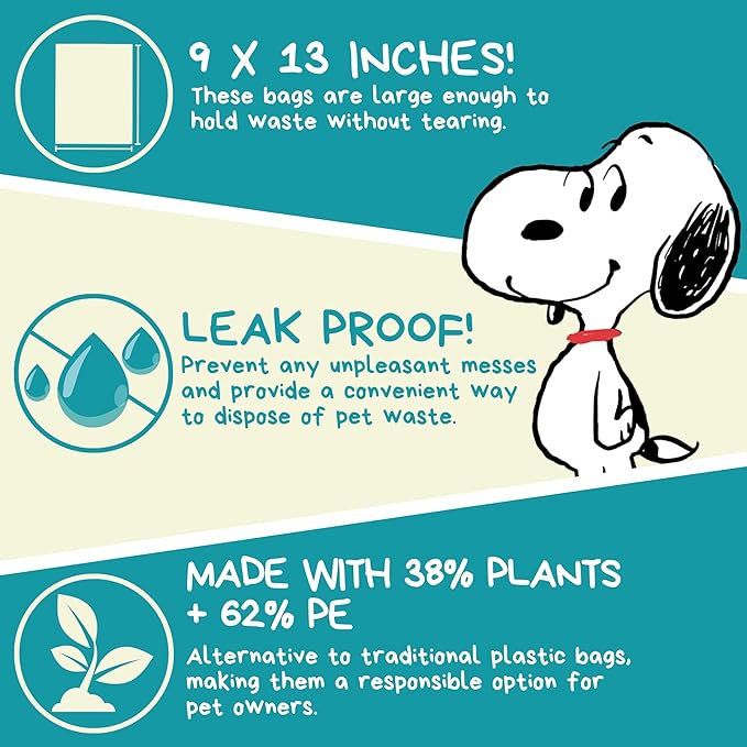 The Original Poop Bags® with Peanuts Snoopy Design | USDA Certified 38% Biobased Dog Waste Bags | Leak-Proof, Extra Thick, Strong & Unscented Pet Waste Rolls (720 Count)
