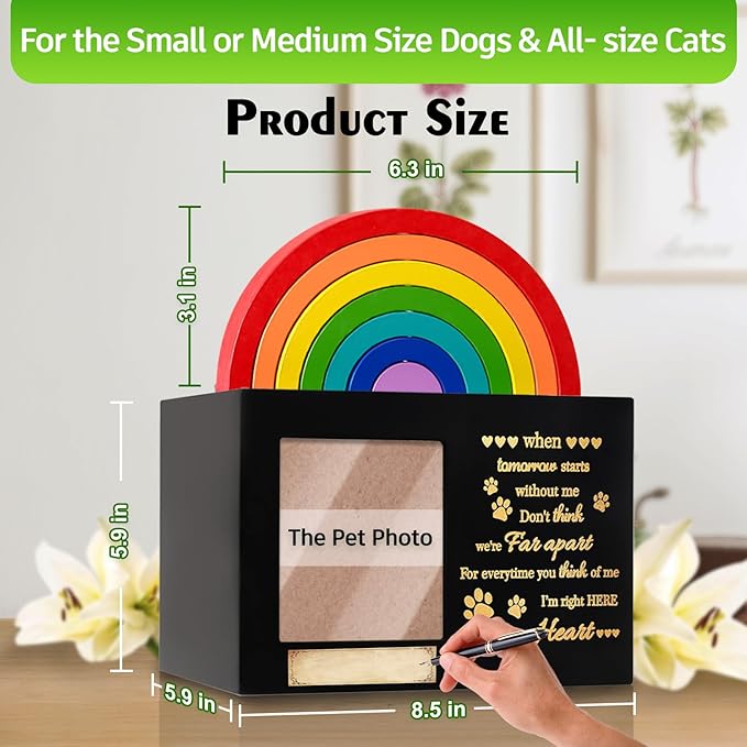 Wooden Rainbow Bridge Keepsakes Pet Urns, Handcrafted Dog/Cat Pet Urn, A Memorial Solemn Set, Pet Ashes Box with Photo Frame, Poem, Personalized Name Tag,Flannel Bag,Pet Sympathy Remembrance Gift