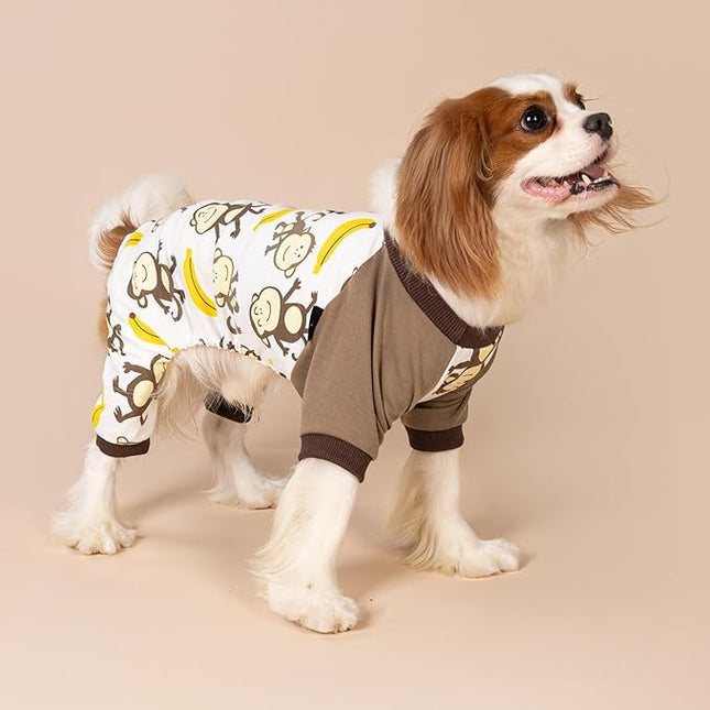 Fitwarm Monkey Dog Pajamas, Cute Dog Clothes for Small Dogs Boy Girl, Pet Onesie Clothing, 100% Breathable Cotton, Brown, Large