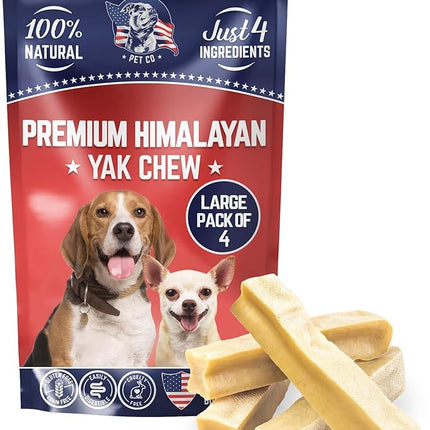 Devil Dog Pet Co. Himalayan Yak Cheese Dog Chews, Large - 4 Pack, 100% Natural & Healthy, Lactose-Free, Long-Lasting Dog Treats, Premium Yak Milk Chew Bones for Dogs