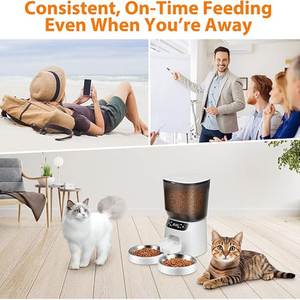 Automatic Cat Feeders for Two Cats, 5L/20 Cups Double Automatic Cat Food Dispenser with 2 Stainless Bowls, Timer Setting 20 Portions 6 Meals Per Day, 10s Meal Call, Pet Feeder for Dog (White)