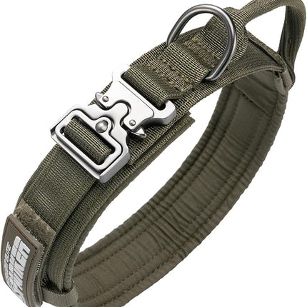 EXCELLENT ELITE SPANKER Tactical Dog Collar Nylon Adjustable Training Collar Military Dog Collar Heavy Duty Metal Buckle with Control Handle for Medium and Large Dogs with Patches(Ranger Green-M)