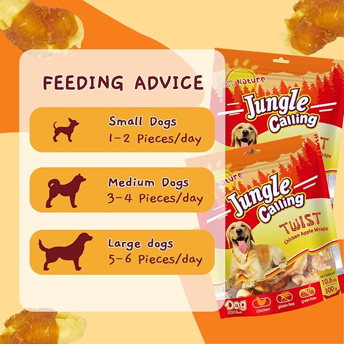 Jungle Calling Dog Treats, Skinless Chicken Wrapped Apple Treats, Gluten and Grain Free, Chewy Dog Bites for Balanced Nutrition, 10.6oz