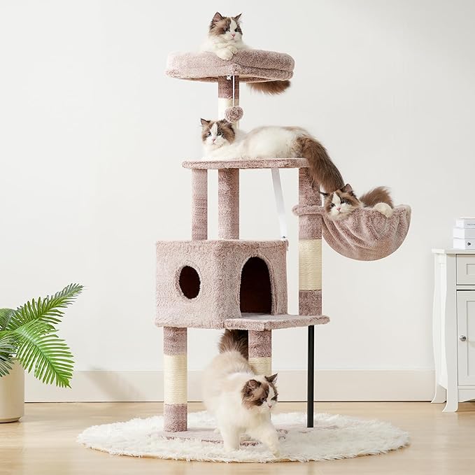 Heybly Cat Tree, 49.2 Inches Cat Tower for Indoor Cats, Spacious Cat House Condo with Hidden Space，Sturdy Steel Tube，Soft Plush Top Perch，Cozy Hammock and Sisal Scratching Posts, Muchroom HCT200SMU