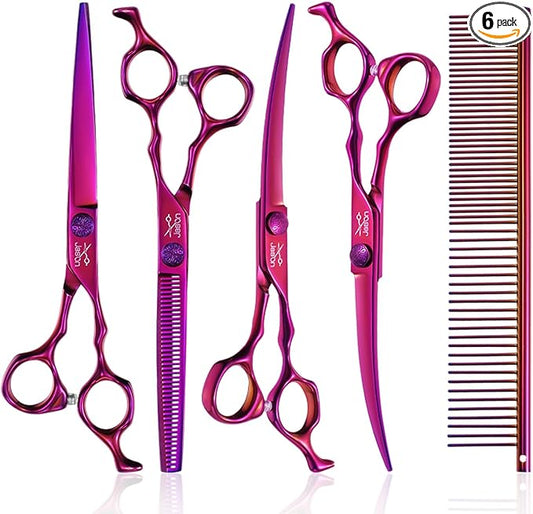 JASON Dog Grooming Scissors Set - Professional 6 in 1 Dog Shears Set - 7" Thinning Scissors, 7" Straight, 7" Up-Curved, 7" Down-curved Scissors and Comb for Dog Cat Pet with Adjustable Screw