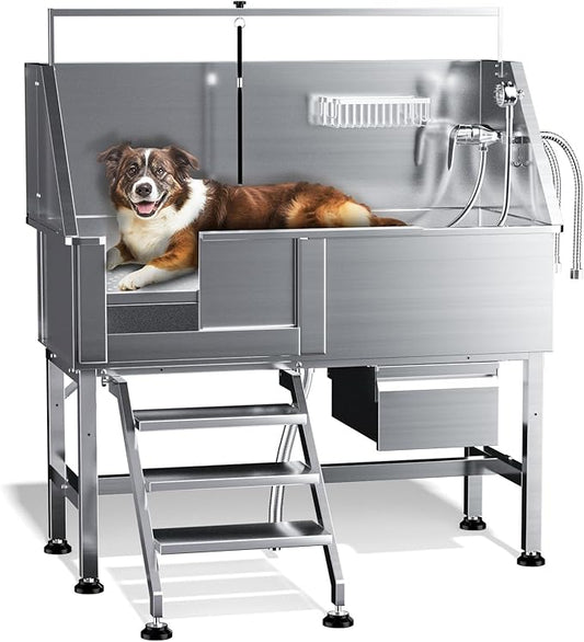 Dog Washing Station for Home,Professional 46" Stainless Steel Dog Bathing Station Height Adjustable Dog Wash Station Dog Grooming Tub Ramp, Drawer, Floor Grate & Fauct (Left Stair)