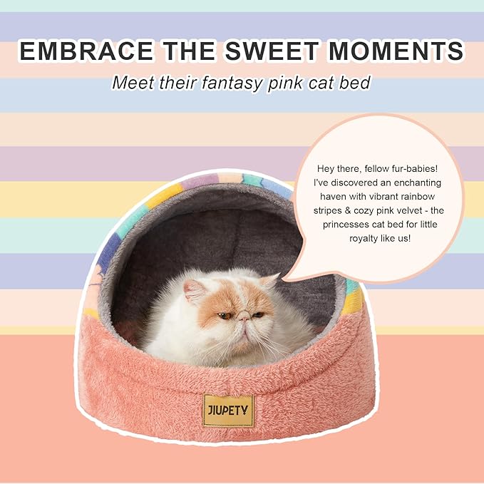Jiupety Cute Cat Beds for Indoor Cats, Cat Cave Bed for Kittens, Hideaway Cat House & Tent with Anti-Slip Bottom, Washable Removable Cushion, M(16"x16"x13"), Rainbow