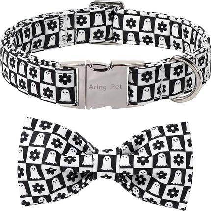 ARING PET Halloween Dog Collar with Bow, Black White Plaid Ghost Floral Cute Pet Collars with Quick Release Buckle for Puppy Small Medium Large Girl Boy Dogs-M