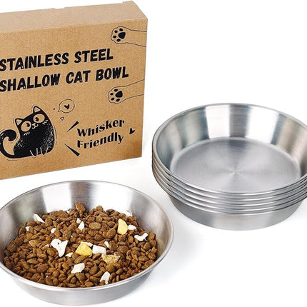 6-Pack Stainless Steel Cat Food Bowls, Shallow Whisker-Friendly Non-Slip Silicone Base Metal Dishes, Easy to Clean Indoor Water Flat Plates for Cat, Kitten, Small Dog (5.9")