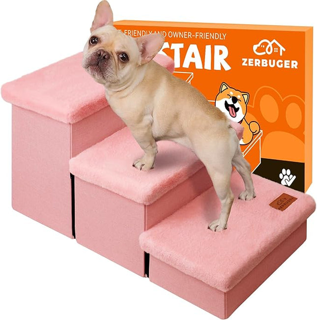 Dog Stairs with Furry Lids 18" H, 3-Step Wider Dog Steps with Storage for Small/Medium/Large Dogs Cats, Folding Sturdy Pet Stairs Climbing Bed or Sofa, Ramp for Car Hold Up to 200 lbs, Pink