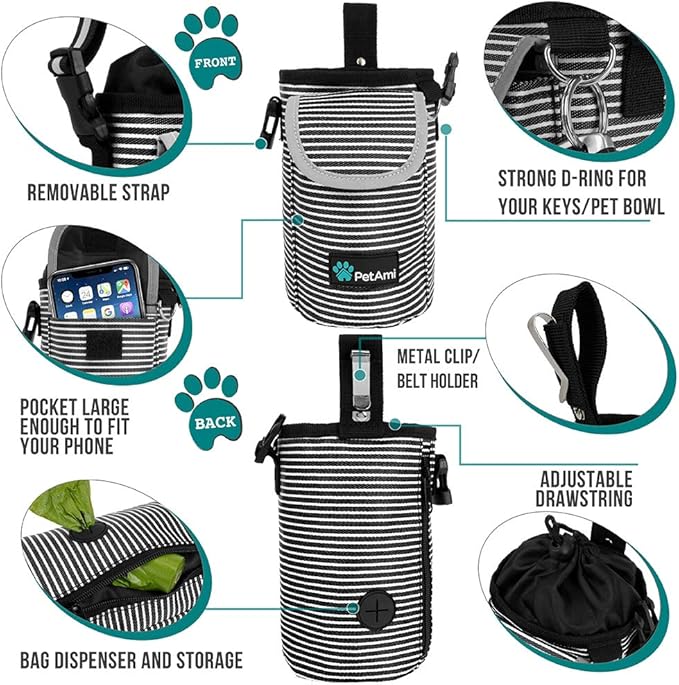 PetAmi Dog Treat Pouch, Large Pet Training Treat Pouch with Pocket, Dog Trainer Essentials Supply Holder with Poop Bag Dispenser, Training Bag for Kibbles Toys, 3 Ways to Wear (Stripe Black)