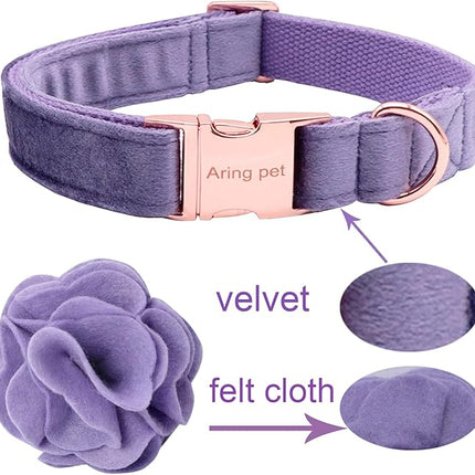 ARING PET Velvet Dog Collars, Purple Soft Pet Collar with Detachable Felt Flower Metal Buckle for Puppy Small Medium Large Boy Girl Dogs-XL