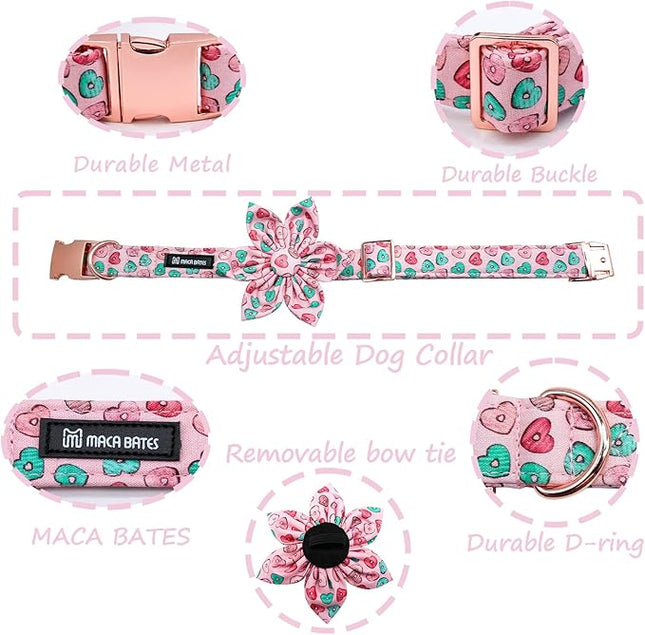 Maca Bates Valentine's Day Dog Collar with Flroral Bow for Small Girl Boy Dogs,Pink Love Hearts Pattern,Adjustable Durable Soft Valentine Gift for Female Male Puppy