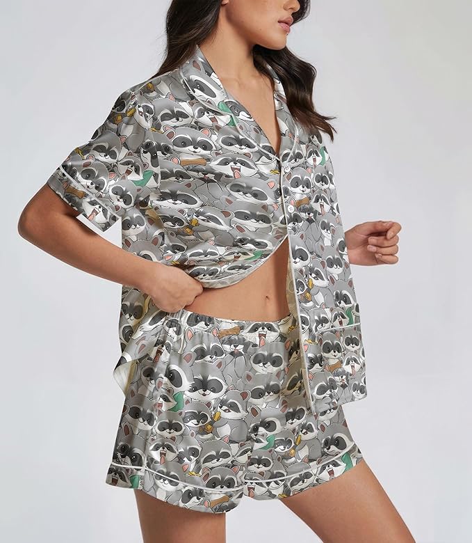 Women’s Silk Satin Pajama Set, Short Sleeve Button Down 2 Piece PJs with Shorts, Cozy Loungewear & Matching Holiday Pajamas