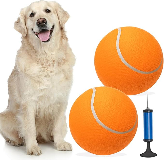 9.5" Large Dog Tennis Balls, 2 Pack Interactive Pet Toys for Playing Training Outdoor Indoor, Oversize Rubber Inflatable Dog Ball with Pump & Needle for Small Medium Large Dogs