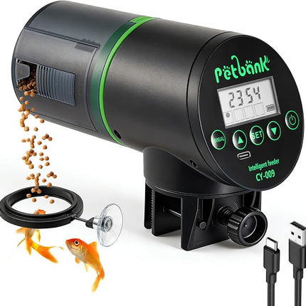 Automatic Fish Feeder for Aquarium - Rechargeable Fish Food Auto Dispenser Vacation Turtle Feeder with USB Charger Cable，LCD Screen, Customized Schedule，Black